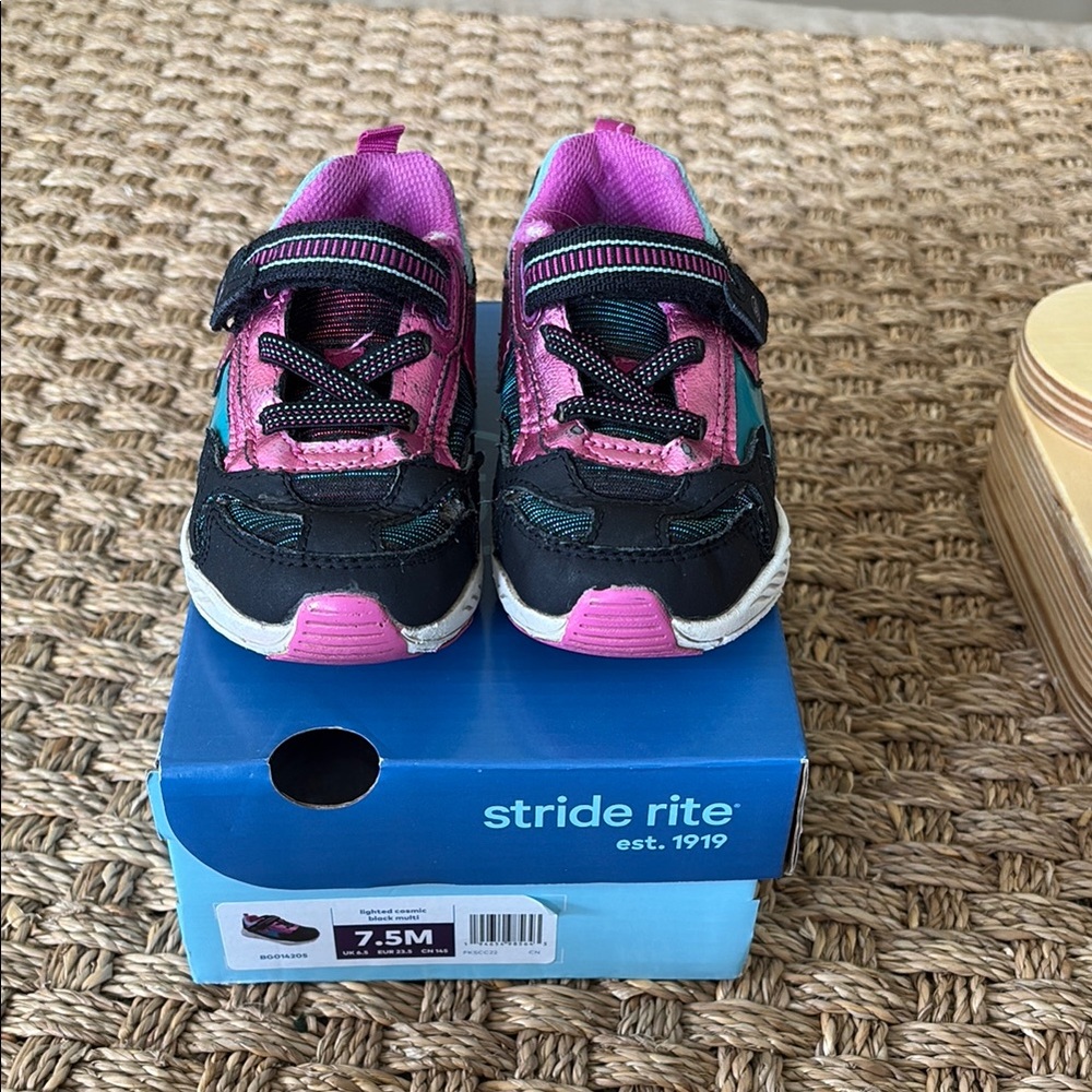 Stride Rite Pink and Black Velcro Sneakers. Size 7.5 Toddler.